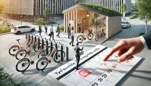 Milloin työsuhdepyörä on ajankohtainen? Kuvassa Laaja bannerikuva, joka havainnollistaa työsuhdepyöräedun konseptia yrityskontekstissa. Kuvassa näkyy moderni toimistorakennus, jonka edessä on pyöräteline. Työntekijät pukeutuneina siistiin arkiasuun lukitsevat tai avaavat korkealaatuisia polkupyöriä, mukaan lukien sähköpyöriä. Yksi henkilö osoittaa kalenteria, johon on merkitty tietty päivämäärä, symboloiden ajankohdan merkitystä. Ympäristö on siisti ja ammattimainen, jossa on vihreyttä ja luonnonvaloa. Yleisilme on myönteinen ja tulevaisuuteen suuntautunut, viestien kestävyyttä ja henkilöstön hyvinvointia.